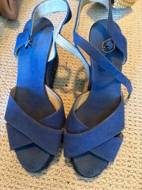 Castaner Blue Canvas Crisscross Wedge Sandals